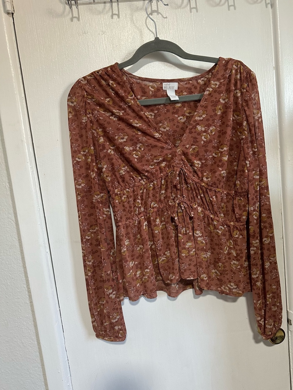 Rust Floral V-Neck Gathered Peplum Blouse
